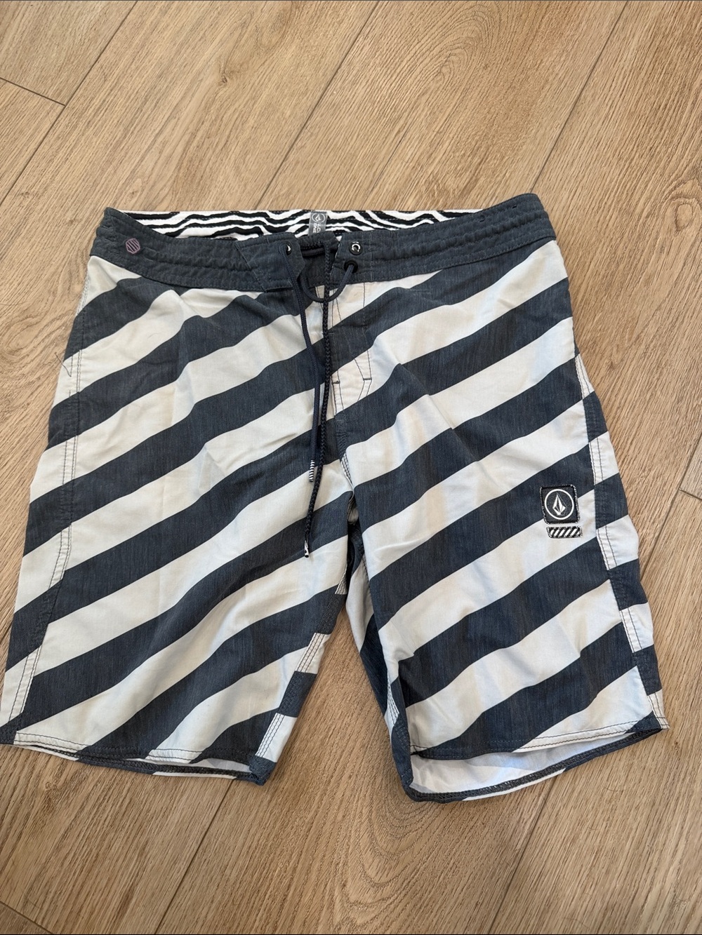 Volcom Men’s Black and White Diagonal Stripe Swim Shorts